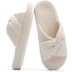 Slippers for Women Memory Foam House Bedroom Corduroy Bow Crossbands